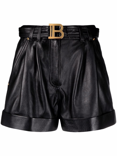 Balmain High Waist Lambskin Leather Belted Shorts In Black