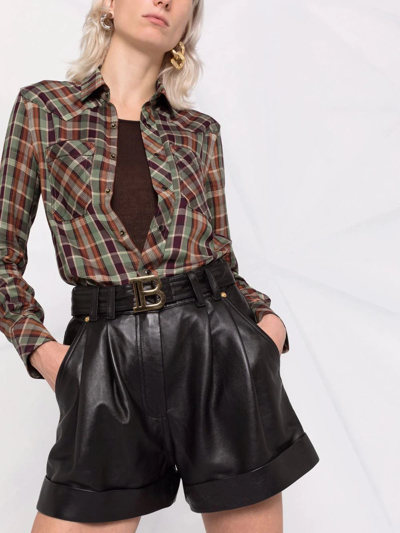 Balmain High Waist Lambskin Leather Belted Shorts In Black