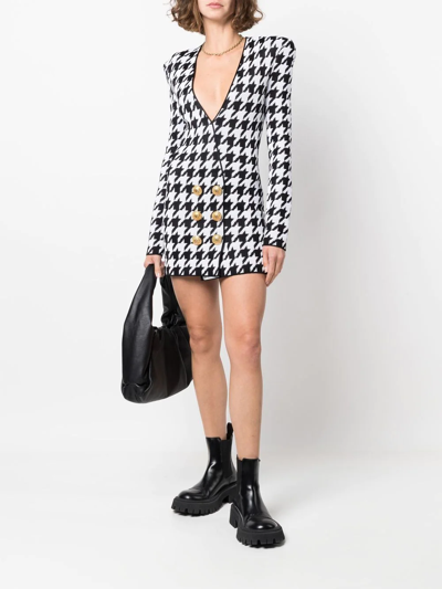 Balmain Double-breasted Houndstooth-knit Blazer Dress In Black