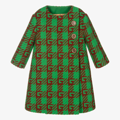 Shop Gucci Girls Green Wool Logo Coat