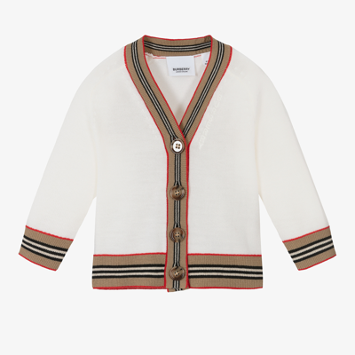Shop Burberry Baby Girls Icon Stripe Cardigan In Ivory