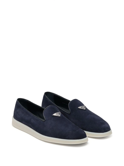 Shop Prada Triangle-patch Suede Loafers In Blue