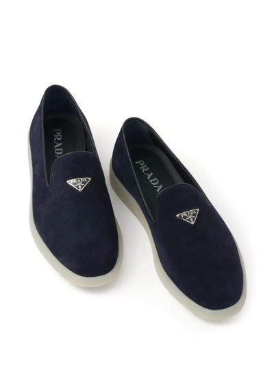 Shop Prada Triangle-patch Suede Loafers In Blue