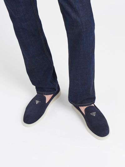 Shop Prada Triangle-patch Suede Loafers In Blue