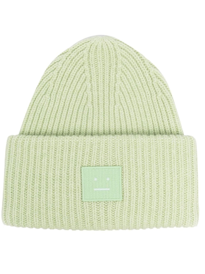 Shop Acne Studios Face-patch Ribbed-knit Beanie In Green