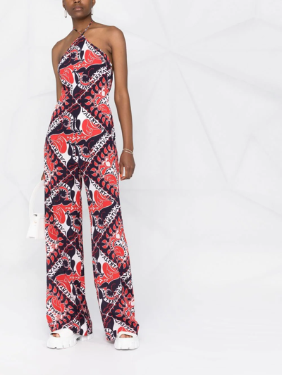 Shop Valentino Archive Manifesto Bandana Print Silk Jumpsuit In Blue