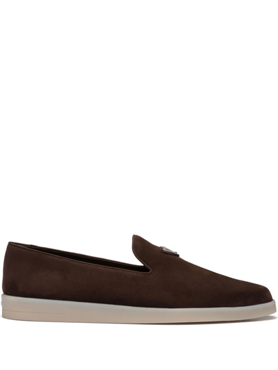 Shop Prada Triangle-patch Suede Loafers In Brown