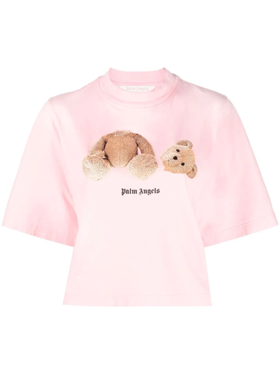 Palm Angels Pink Cotton Cropped Bear Loose T-shirt Woman In Pink