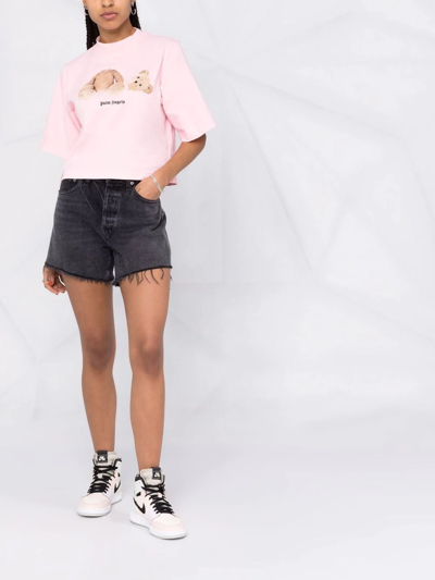 Palm Angels Pink Cotton Cropped Bear Loose T-shirt Woman In Pink