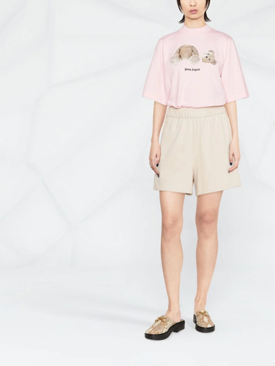 Palm Angels Pink Cotton Cropped Bear Loose T-shirt Woman In Pink