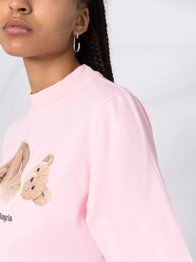 Palm Angels Pink Cotton Cropped Bear Loose T-shirt Woman In Pink