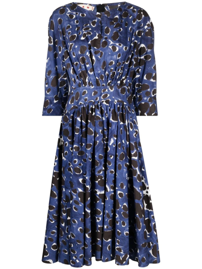 Shop Marni Abstract-print Midi Dress In Blue