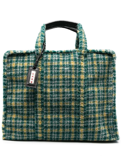 Shop Marni Tartan-print Faux-fur Tote In Green