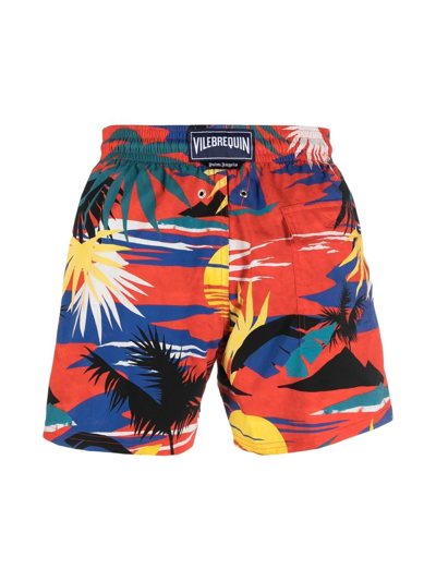 Shop Palm Angels X Vilebrequin Graphic-print Swimming Shorts In Red