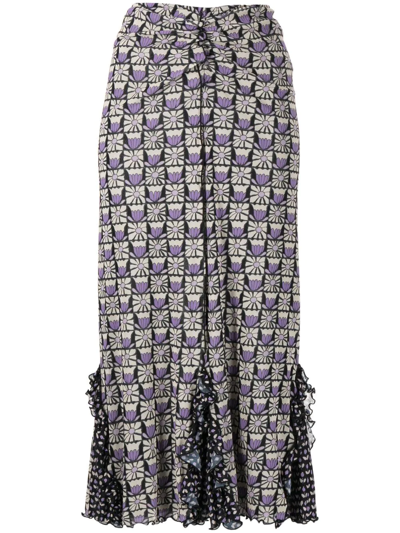 Shop Anna Sui Ruched Floral-print Midi Skirt In Multicolour