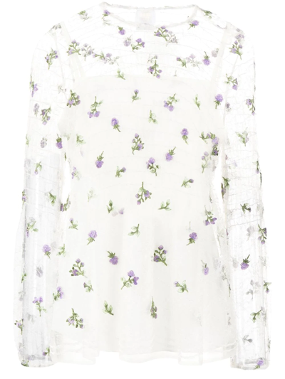 Shop Anna Sui Sheer Floral-embroidered Blouse In White