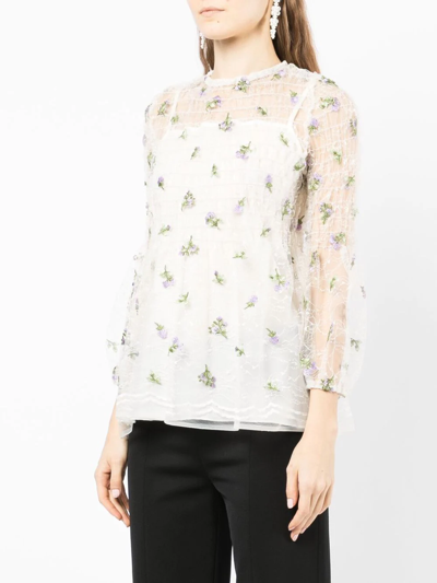 Shop Anna Sui Sheer Floral-embroidered Blouse In White