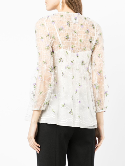 Anna Sui Sheer Floral-embroidered Blouse In White