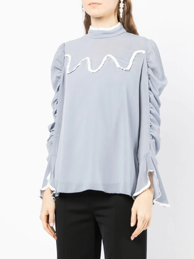 Shop Anna Sui Ruched Lace-trim Top In Blue