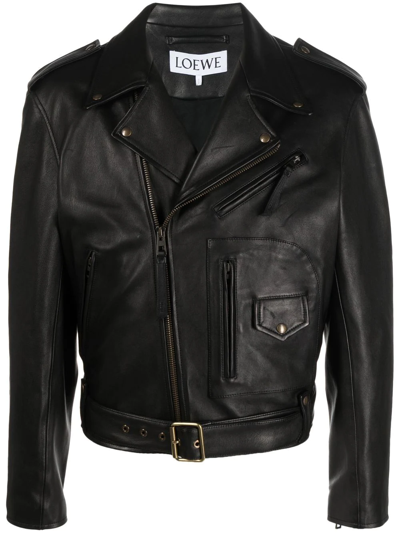 Shop Loewe Belted Leather Biker Jacket In Black