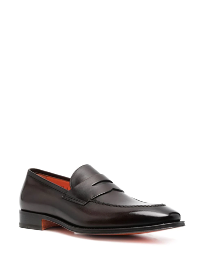 Shop Santoni Penny-slot Leather Loafers In Brown