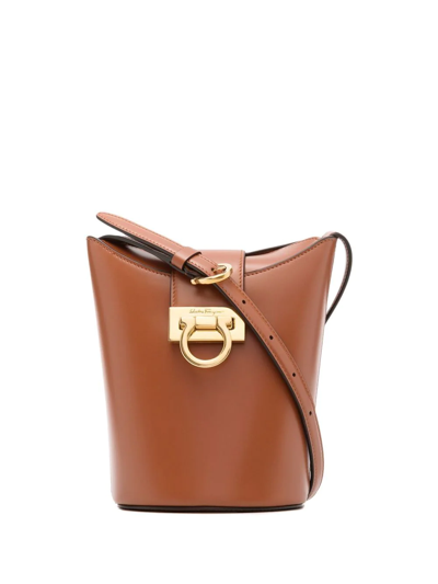 Shop Ferragamo Trifolio Shoulder Bucket Bag In Brown