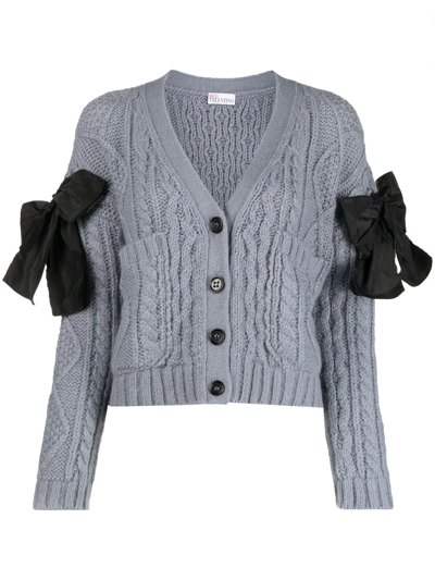 Shop Red Valentino Bow-embellished Mix-knit Cardigan In Blue
