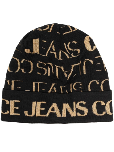 Shop Versace Jeans Couture Intarsia-knit Logo Beanie In Black