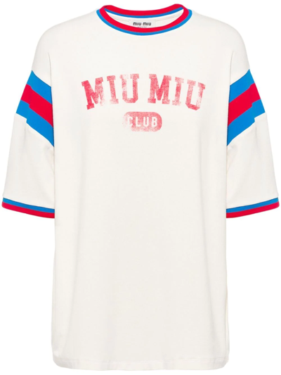 Shop Miu Miu Logo-print Jersey T-shirt In Neutrals