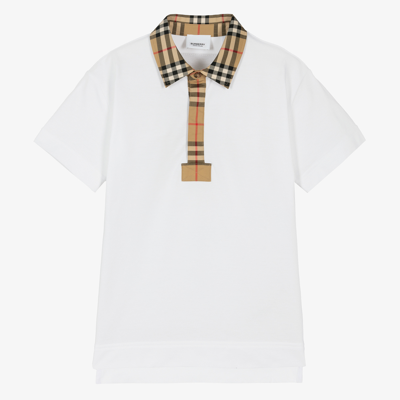 Shop Burberry Teen Boys Check Polo Shirt In White