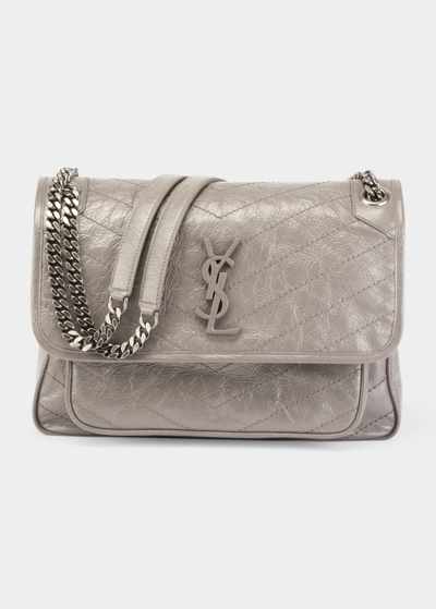 Shop Saint Laurent Niki Medium Crinkled Calf Flap-top Shoulder Bag In Light Gray