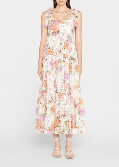 Shop Zimmermann Pattie Floral Tie-shoulder Empire Waist Midi Dress In Cream Floral