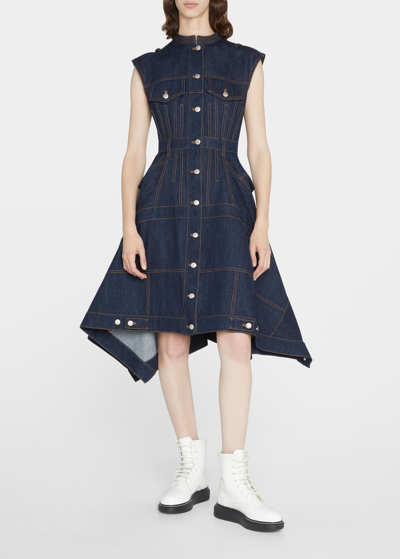 Shop Alexander Mcqueen Patchwork Denim Midi Dress In Rinsed Blue