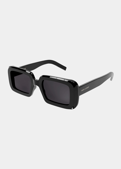 Shop Saint Laurent Sunrise Thick Rectangle Acetate Sunglasses In 001 Shiny Black
