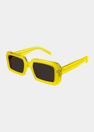 Shop Saint Laurent Sunrise Thick Rectangle Acetate Sunglasses In 004 Shiny Transpa