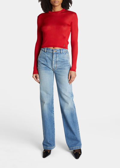 Shop Saint Laurent Ribbed Long-sleeve Top With Monogram Hardware In Rouge