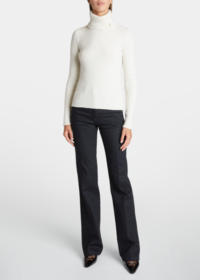 Shop Saint Laurent Wool Turtleneck Sweater With Monogram Hardware In Natural