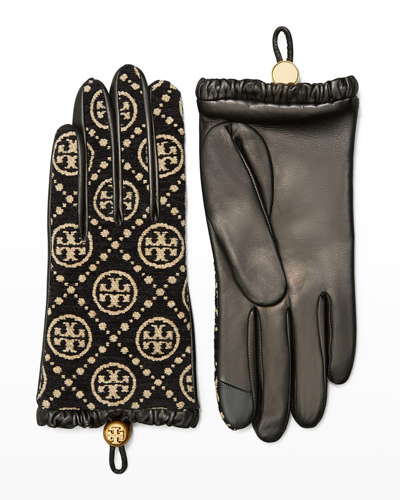 Shop Tory Burch T-monogram Chenille Cashmere-lined Gloves In Black Cream