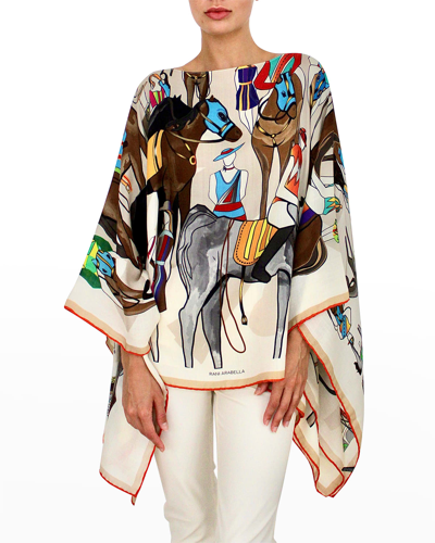 Shop Rani Arabella Horse Race Printed Cashmere-blend Poncho In Multicolor