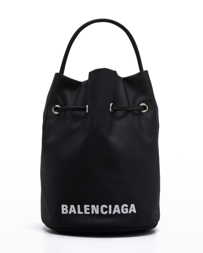 Shop Balenciaga Wheel Xs Logo Drawstring Bucket Bag In Black/white