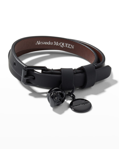 Shop Alexander Mcqueen Men's Skull-charm Leather Wrap Bracelet In Black