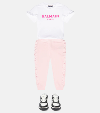 Balmain Ruffled Logo Cotton T-shirt In 100fu-bianco/fuxia