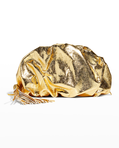 Shop Rebecca Minkoff Ruched Metallic Zip Clutch Bag In Solid Gold