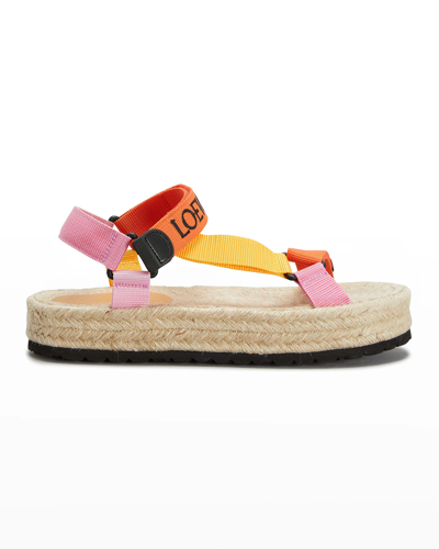 Shop Loewe Colorblock T-strap Espadrille Sandals In Orange Multicolor