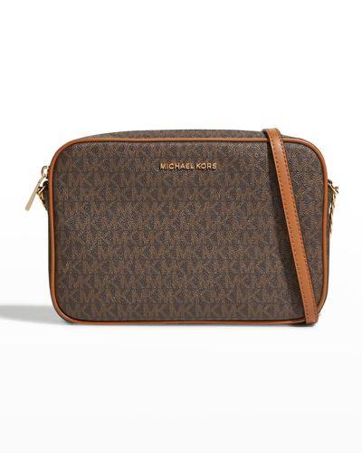 Shop Michael Michael Kors Monogram Leather Zip Camera Crossbody Bag In Brown