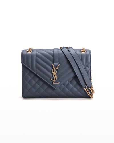 Shop Saint Laurent Triquilt Medium Ysl Monogram Grain De Poudre V Flap Satchel Bag - Golden Hardware In Blue Char