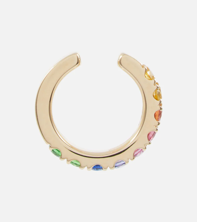 Shop Robinson Pelham Orb Medium 14kt Gold Single Ear Cuff With Sapphires And Tsavorites In Rainbow Yg