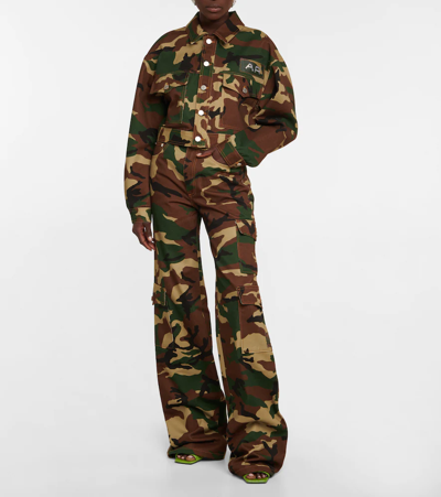 Alessandra Rich Cotton Gabardine Camouflage Cargo Pants In Brown-green