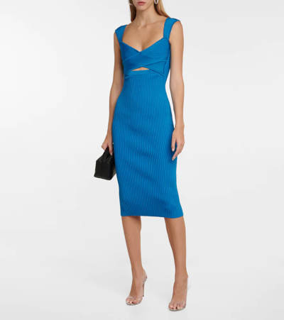 Shop Self-portrait Ribbed-knit Midi Dress In Bright Blue