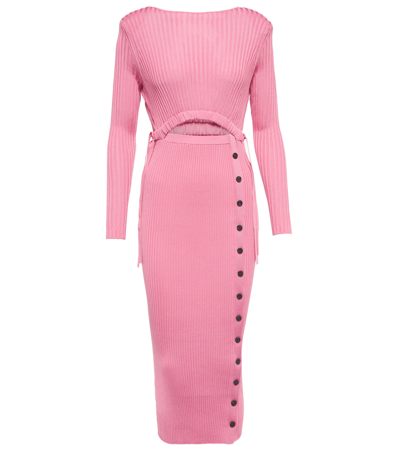 Shop Self-portrait Ribbed-knit Midi Dress In Pop Pink